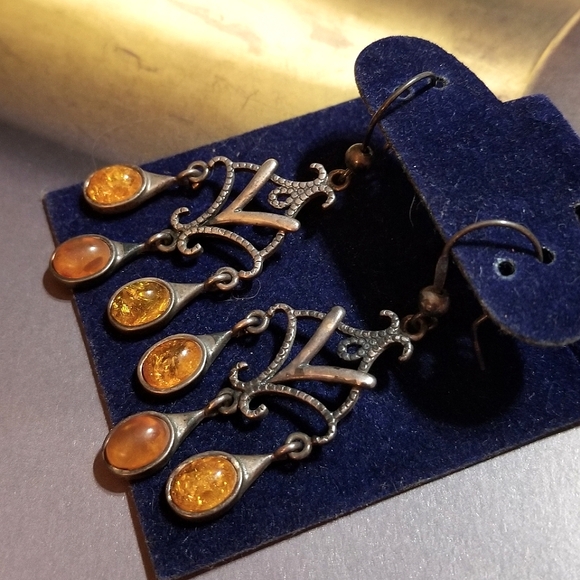 Edwardian Amber Sterling Chandelier Earrings - Picture 3 of 6
